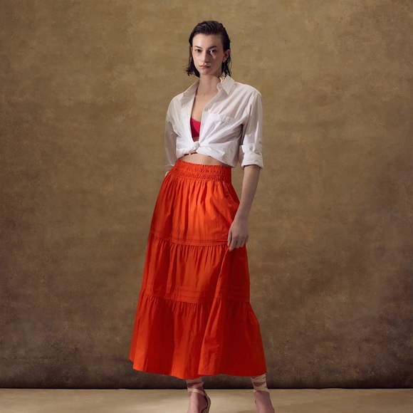 Quince 100% Organic Cotton Poplin Tiered Maxi Skirt In Vermilion Red - Picture 2 of 12
